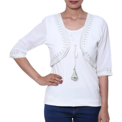 Cotton bolero, 'Zari Elegance in White' - White Cotton Bolero with Zari Embroidery from India