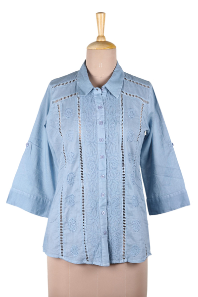 Blusa de algodón bordada - Blusa de algodón bordado azul cielo de diseño artesanal
