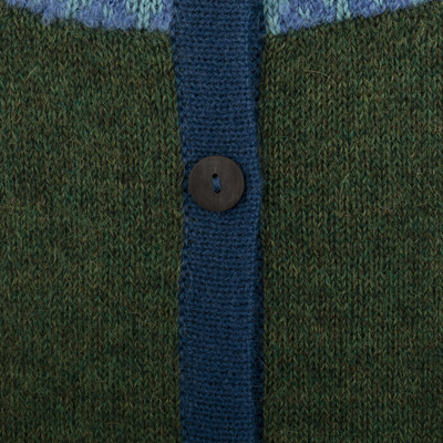 100% alpaca cardigan sweater, 'Andean Forests' - 100% Alpaca Green Yoke Cardigan From Peru