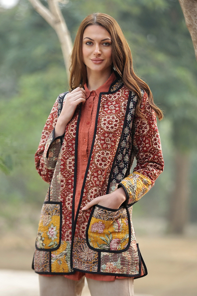 Patchwork cotton jacket, 'Floral Fusion' - Cotton Patchwork Jacket with Kantha Stitching
