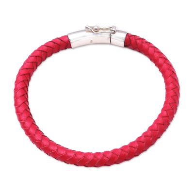 Men's sterling silver and leather bracelet, 'Brick Road' - Men's Braided Leather Bracelet