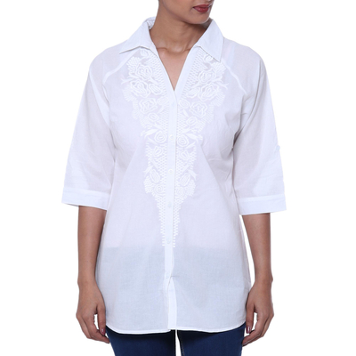 Cotton tunic, 'Peaceful Blossoms' - Floral Viscose Embroidered Cotton Tunic from India