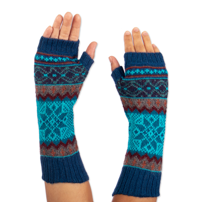 100% alpaca fingerless mitts, 'Andean Snowfall' - 100% Alpaca Fingerless Gloves in Azure and Smoke from Peru