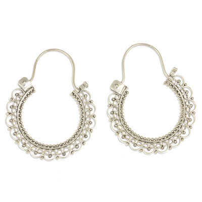 Sterling silver hoop earrings, 'Balinese Lace' - Artisan Jewelry Sterling Silver Hoop Earrings