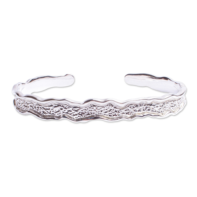 Sterling silver cuff bracelet, 'Textured Style' - Combination Finish Sterling Silver Cuff Bracelet from Mexico