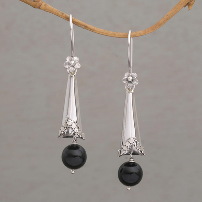 Onyx dangle earrings, 'Floral Cones' - Onyx and Sterling Silver Floral Dangle Earrings from Bali