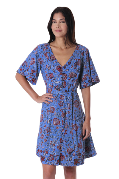 Cotton tunic-style dress, 'Garden Bliss' - Floral Printed Cotton Tunic-Style Dress in Cerulean