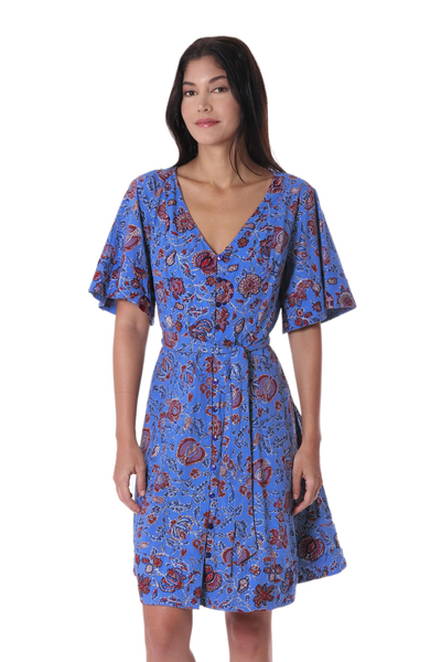 Kleid im Tunika-Stil aus Baumwolle - Kleid im Tunika-Stil aus Baumwolle mit Blumenmuster in Cerulean