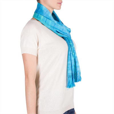 Rayon scarf, 'Forever Blue' - Backstrap Loom Rayon Handmade Scarf in Blue