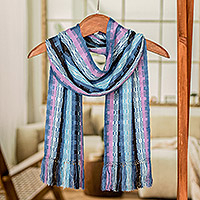 Rayon scarf, 'Blue Nights' - Guatemalan Rayon Chenille Scarf Hand Woven in Shades of Blue