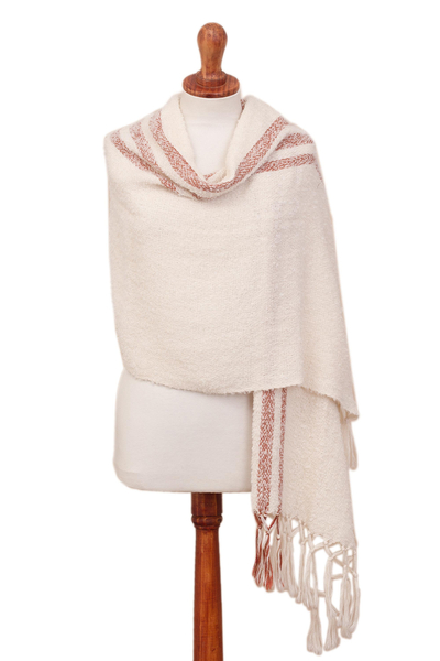 Alpaca blend shawl, 'Snow of the Andes' - Handwoven Alpaca Blend Shawl in Warm White from Peru