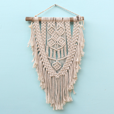 Cotton wall hanging, 'Dawn in Tegalalang' - Hand-Knotted Cotton Wall Hanging in Ivory from Bali