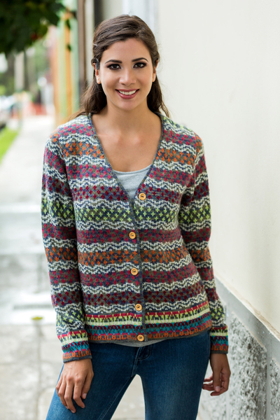 V-neck Alpaca Cardigan with Cedar Buttons - Rainbow Mist | NOVICA