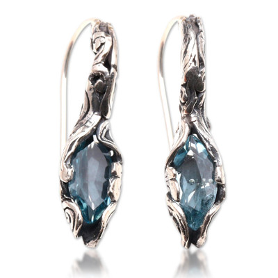 Blue topaz drop earrings, 'Blue Cocoon' - Hand Made Blue Topaz and Sterling Silver Drop Earrings