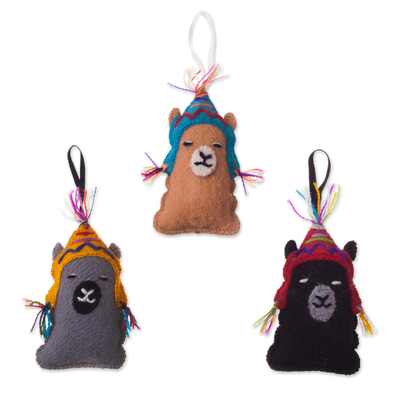 Wool ornaments, 'Sleepy Llamas' (set of 3) - Assorted Wool Llama Ornaments from Peru (Set of 3)