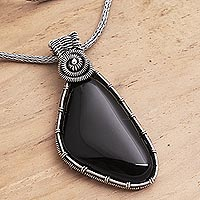 Onyx pendant necklace, 'Black Spot' - Hand Made Onyx Sterling Silver Pendant Necklace