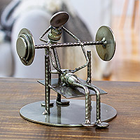 Iron statuette, 'Rustic Weightlifter' - Handcrafted Athlete Recycled Metal Sculpture Mexico