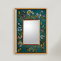 Reverse painted glass mirror, 'Turquoise Fields' - Unique Peruvian Reverse Painted Glass Mirror