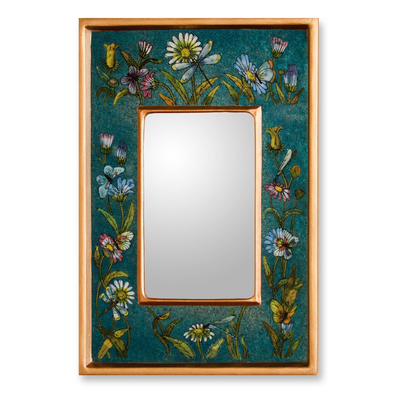 Reverse painted glass mirror, 'Turquoise Fields' - Unique Peruvian Reverse Painted Glass Mirror