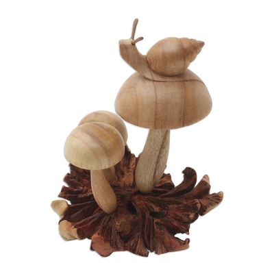 Wood statuette, 'Garden Snail' - Hand Crafted Jempinis Wood Mushroom Statuette
