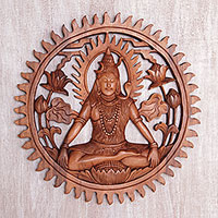 Wood wall relief panel, 'Lord Shiva' - Hand Carved Suar Wood Shiva Wall Panel