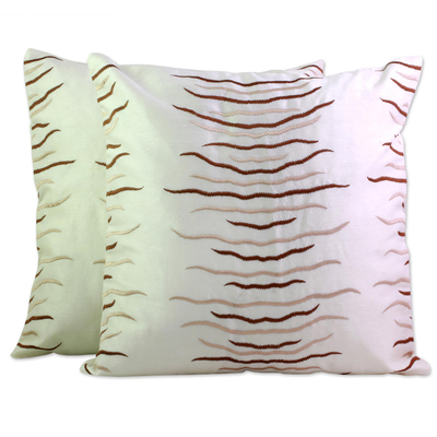 Embroidered cushion covers, 'Wavy Sepia' (pair) - Rayon Embroidered Polyester Cushion Covers (Pair) from India
