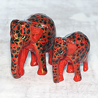 Papier mache and wood sculptures, 'Red Connection' (pair) - Floral Papier Mache Elephant Sculptures in Red (Pair)