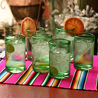 Highball glasses, 'Emerald Green' (set of 6) - Artisan Crafted Handblown Glass Recycled Cocktail Drinkware