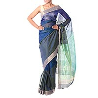 Cotton and silk sari, 'Regal Blue Allure' - Golden Trim Handwoven Blue and Green Silk Blend Sari