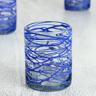 Blown glass rock glasses, 'Sapphire Swirl' (set of 6) - Six Sapphire Blue Swirl Blown Glass 10 oz Rock Glasses Set