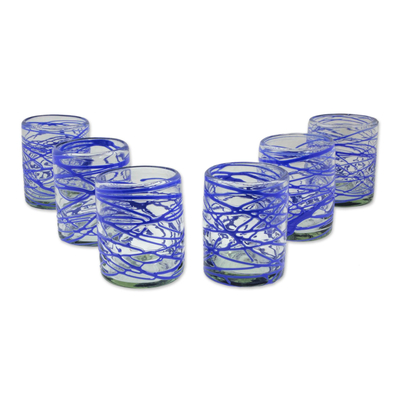 Blown glass rock glasses, 'Sapphire Swirl' (set of 6) - Six Sapphire Blue Swirl Blown Glass 10 oz Rock Glasses Set
