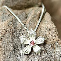 Tourmaline pendant necklace, 'Winter Bloom' - Sterling Silver Tourmaline Floral Pendant Necklace Thailand