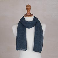 100% baby alpaca scarf, 'Wavy Texture in Teal' - Textured 100% Baby Alpaca Wrap Scarf in Teal from Peru