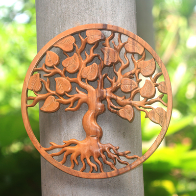 Wood relief panel, 'Leafy Tree' - Circular Tree Suar Wood Relief Panel Crafted in Bali