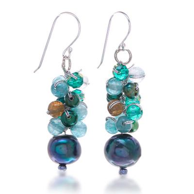 Cultured pearl beaded dangle earrings, 'Winter' - Blue-Green Gemstone Cluster Dangle Earrings