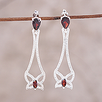 Garnet dangle earrings, 'Textured Butterflies' - Garnet Butterfly Dangle Earrings Crafted in India