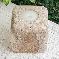 Marble tealight holder, 'Light Cubed' - Artisan Crafted Natural Marble Cube Tealight Holder