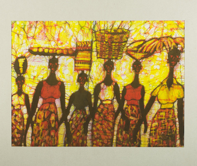 Batik painting, 'Early Morning Marketgoers' - Signed Batik Painting of Marketgoers from Ghana