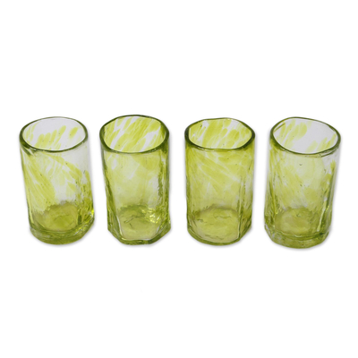 Recycled glass tequila glasses, 'Green Mezcaleros' (set of 4) - Recycled Glass Tequila Glasses from Mexico (Set of 4)