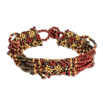 Beaded wristband bracelet, 'Flower Harmony in Russet' - Handmade Beaded Wristband Bracelet