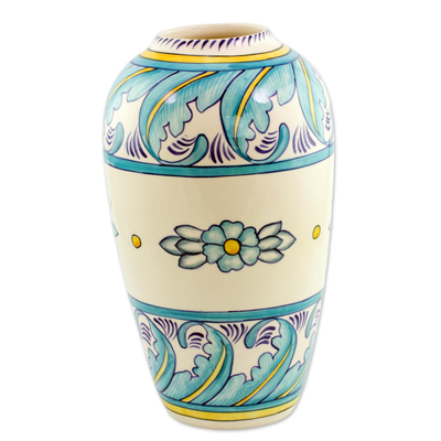 Ceramic vase, 'Bermuda' (medium) - Artisan Crafted Floral Ceramic Vase (Medium)