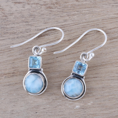 Larimar and blue topaz dangle earrings, 'Glittering Sky' - Larimar and Blue Topaz Sterling Silver Dangle Earrings