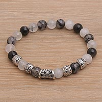 Tourmalinated quartz beaded stretch bracelet, 'Contemplate in Grey' - Tourmalinated Quartz and Sterling Silver Beaded Bracelet