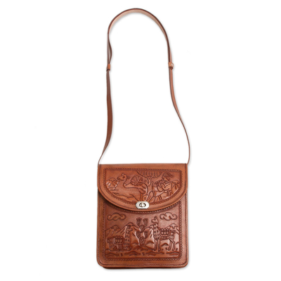 Schultertasche aus Leder - Handgefertigte Umhängetasche aus braunem Leder mit geprägtem Andenmotiv