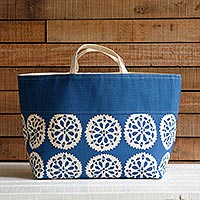 Cotton canvas tote bag, 'Mandala Blue' - Blue Fijian Print  Canvas Tote Bag