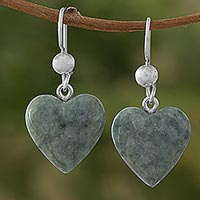 Jade dangle earrings, 'Mayan Heart in Green' - Green Heart Shaped Jade Silver Dangle Earrings Guatemala