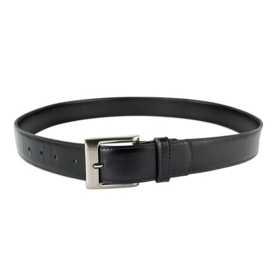 Men's leather belt, 'Subtle Elegance in Black' - Men's Simple Black Leather Belt