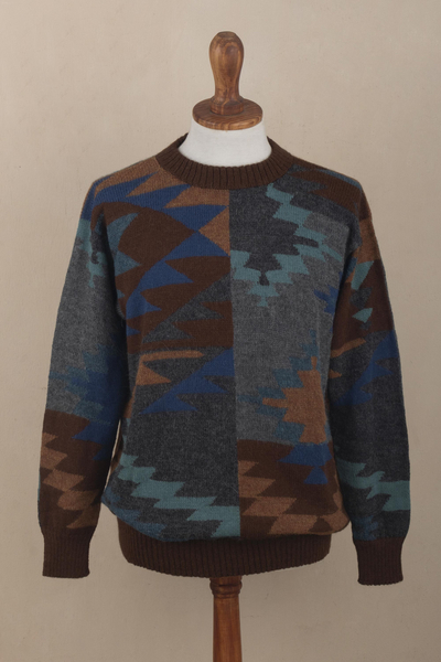 Suéter tipo pullover de alpaca para hombre - Jersey de hombre con estampado geométrico multicolor