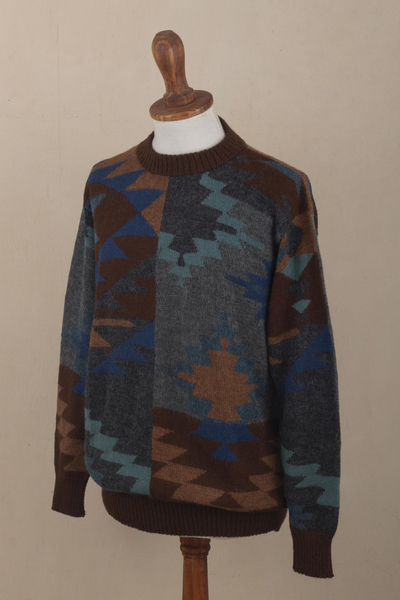 Suéter tipo pullover de alpaca para hombre - Jersey de hombre con estampado geométrico multicolor