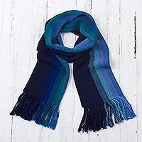 100% alpaca scarf, 'Evening Sky Stripes' - Multicolour Blue and Teal Striped 100% Alpaca Knit Scarf